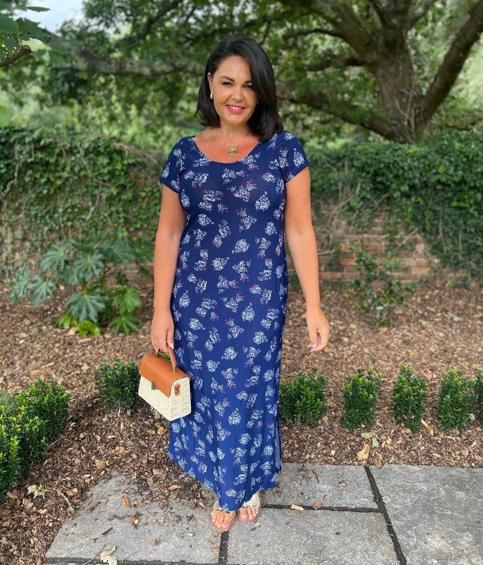 Navy Floral Print Midi Dress