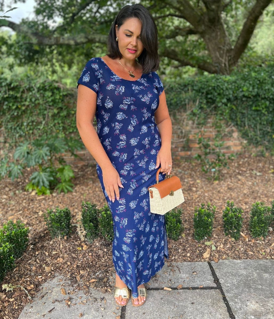 Navy Floral Print Midi Dress