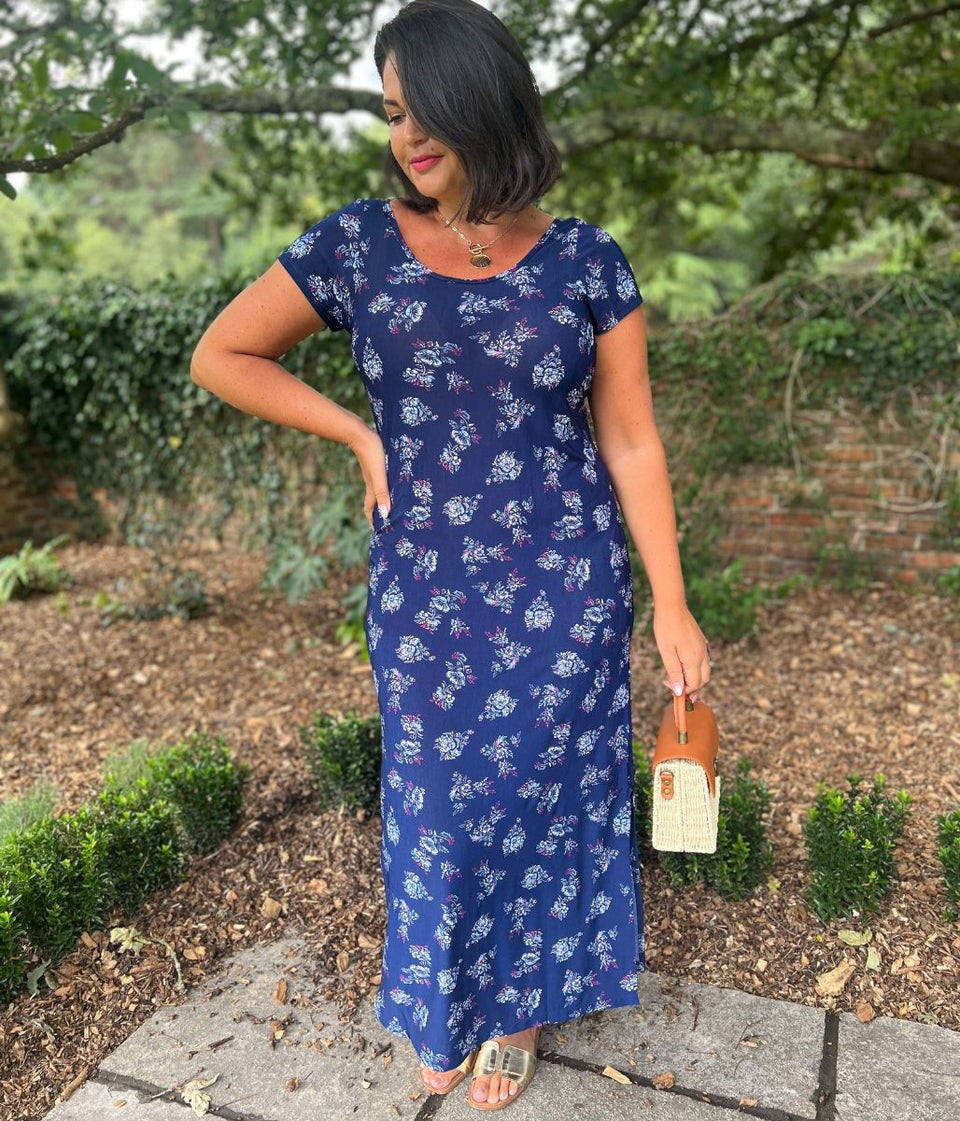 Navy Floral Print Midi Dress
