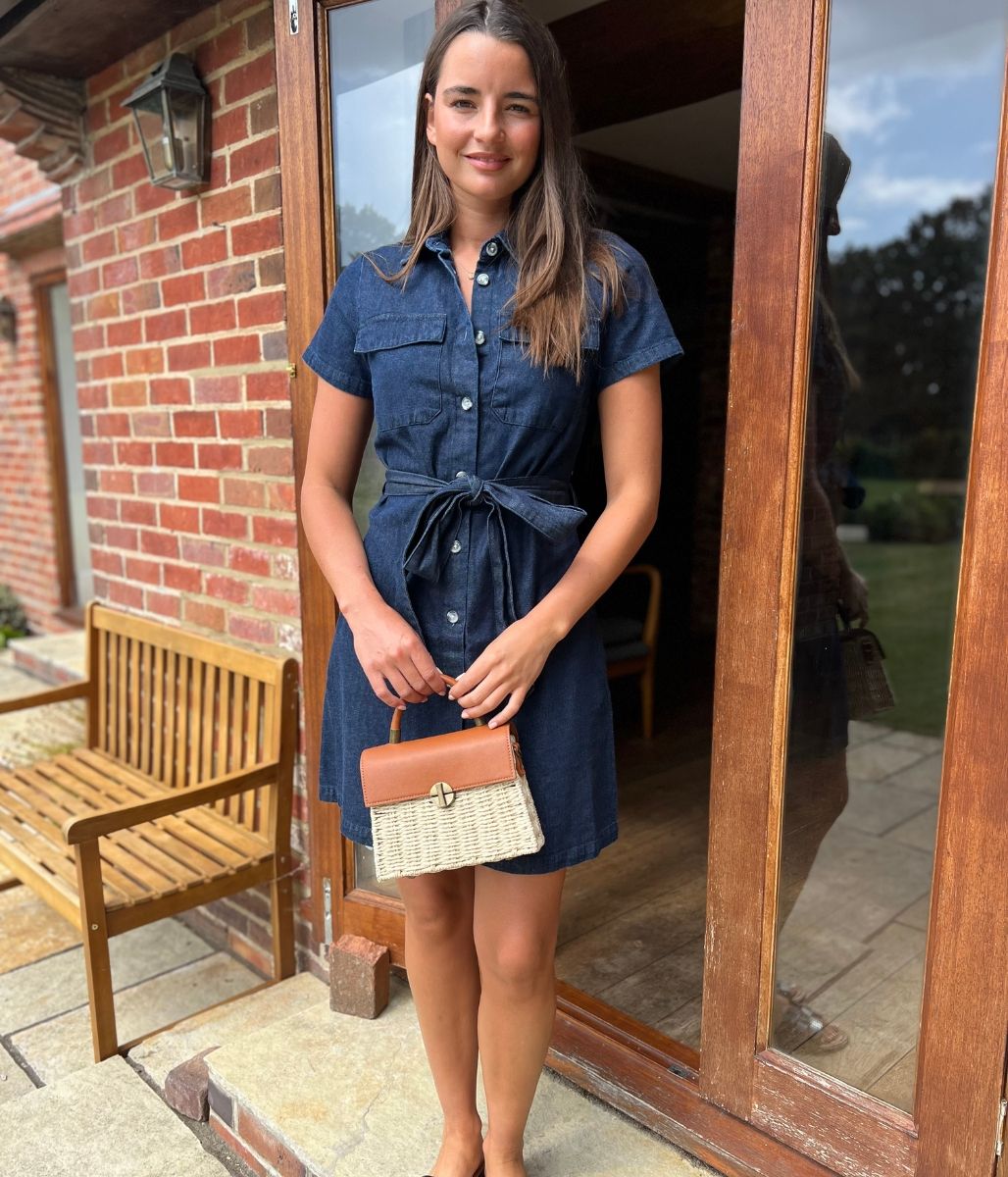 short sleeve denim dress uk Lovskoo Women's 2024 Shift Denim Dress Summer Deep V Neck Half Short Sleeve Collared Loose Mini Jean Dress with Pockets Sky Blue XL