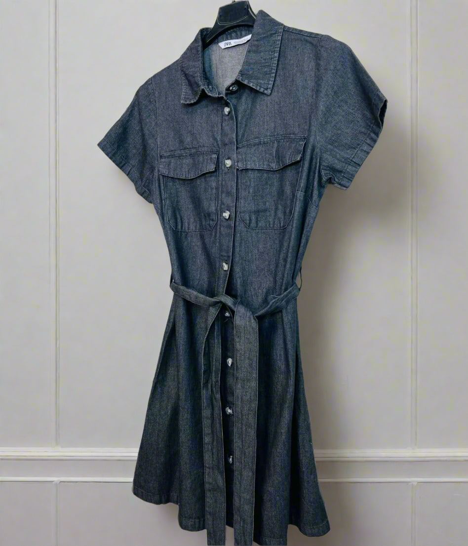 Grey Short Sleeve Denim Shirt Dress
