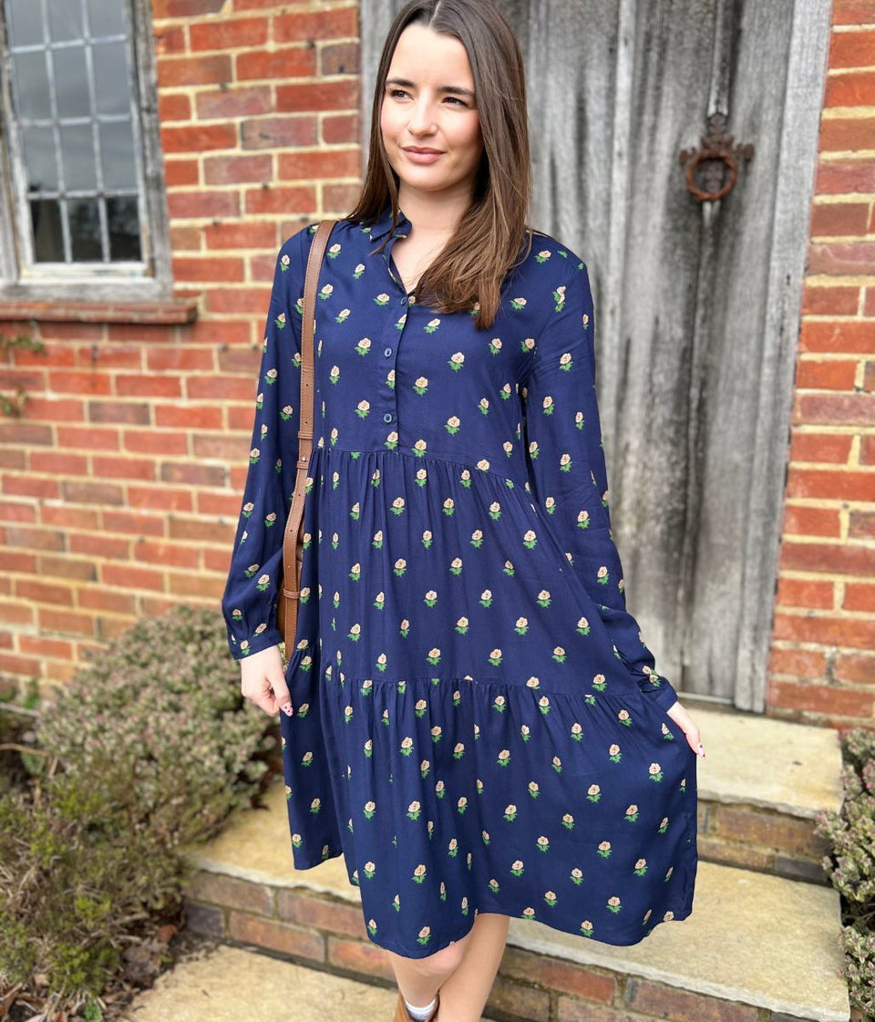 Eva Navy Printed Shirt Dress