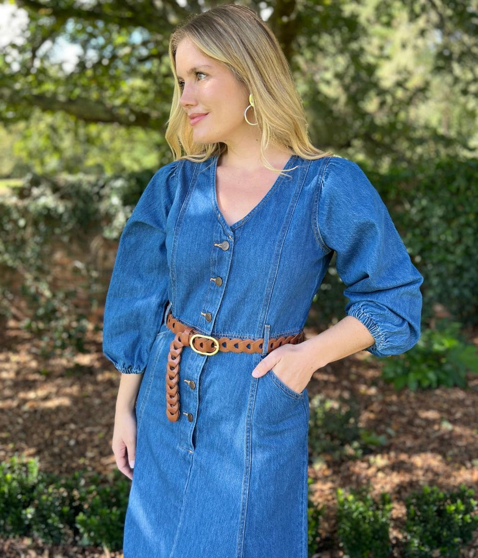 V Neck Denim Midi Dress