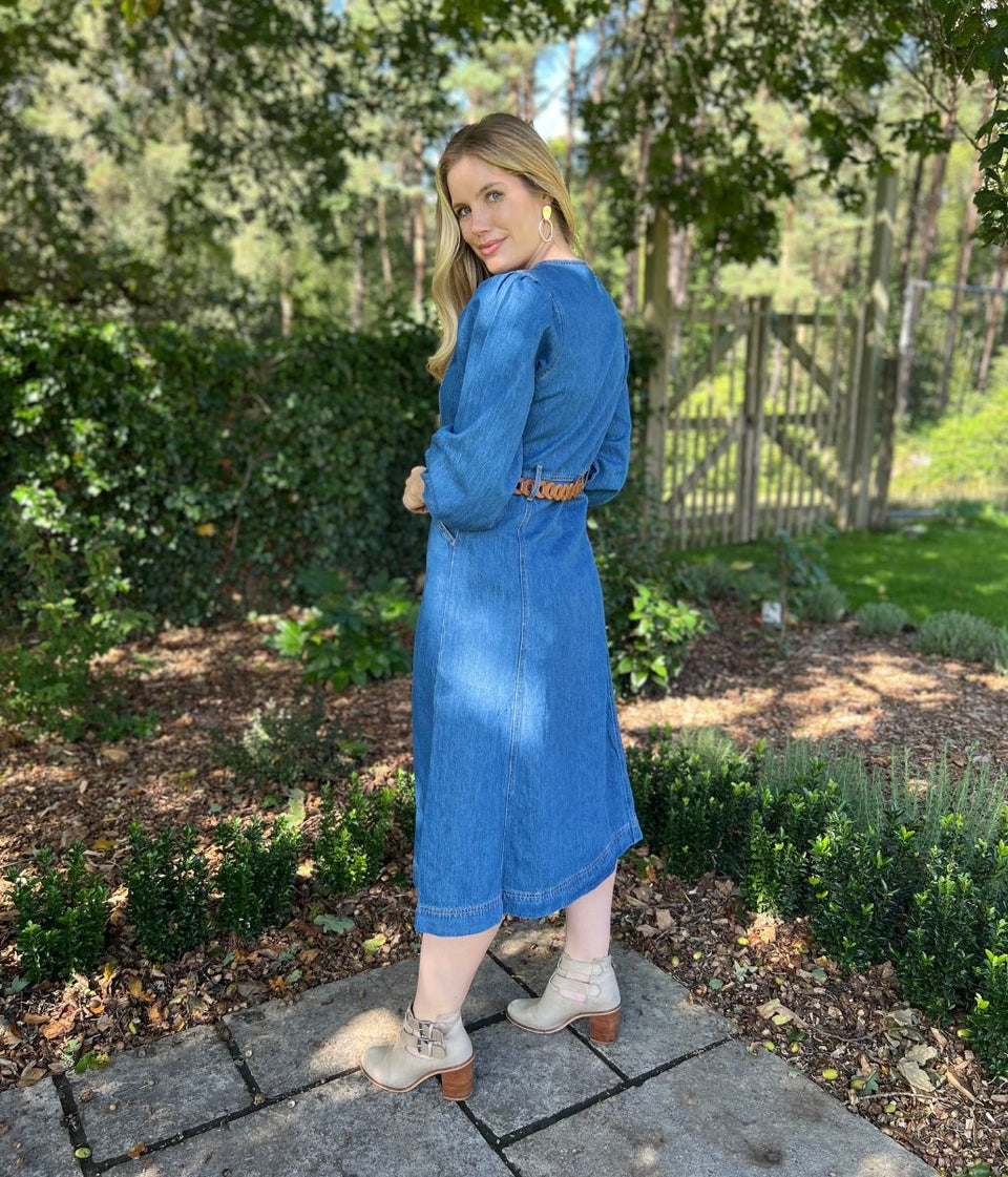 V Neck Denim Midi Dress