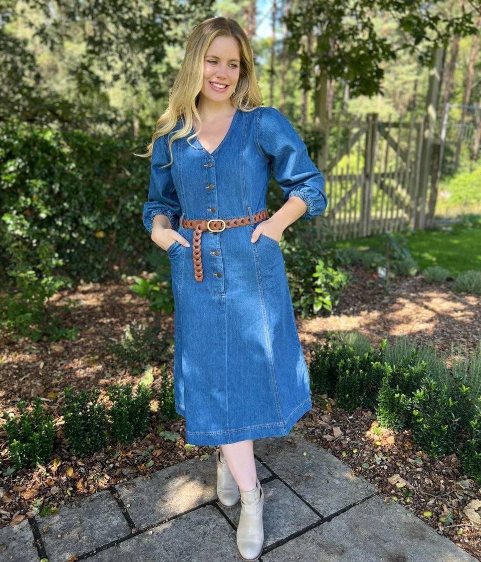 V Neck Denim Midi Dress