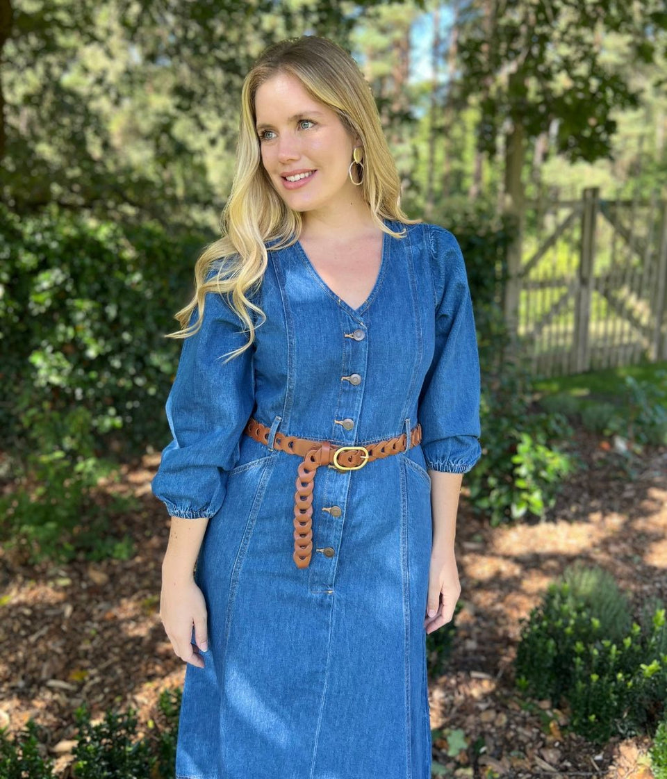 V Neck Denim Midi Dress
