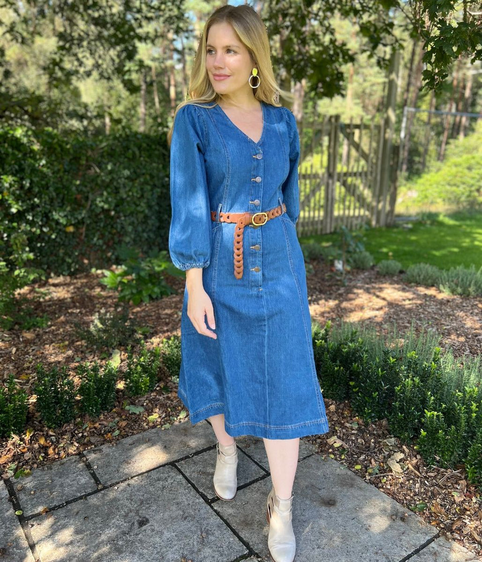 V Neck Denim Midi Dress