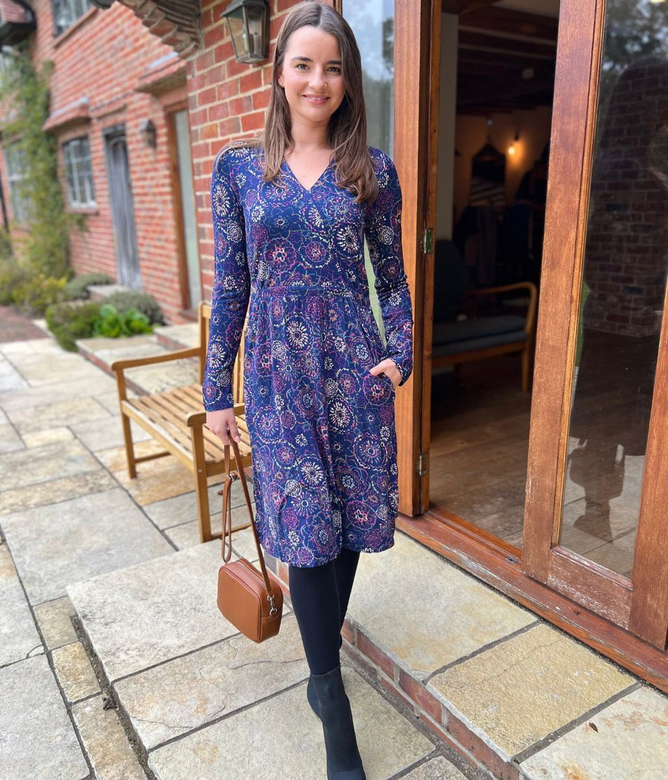 Mistral Navy Flower Design Faux Wrap Dress