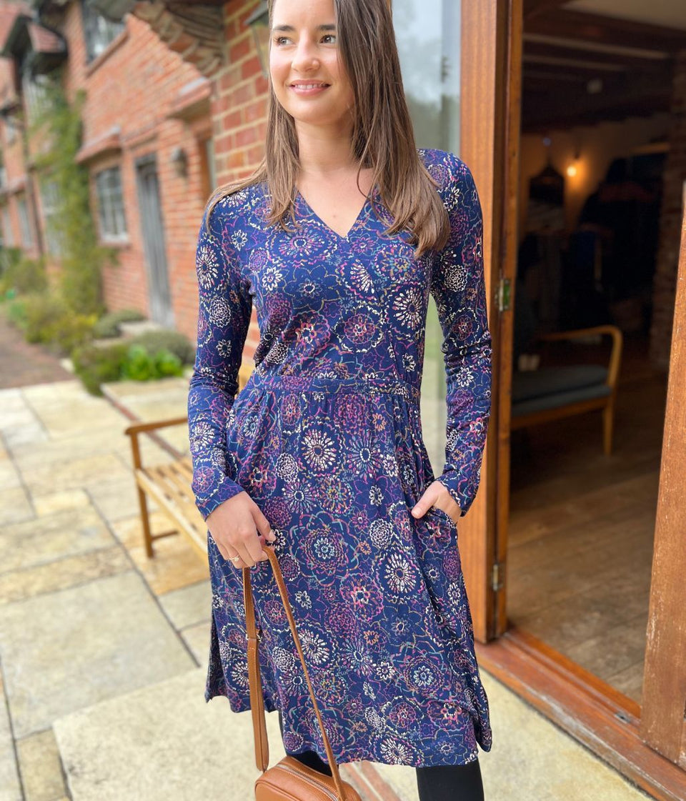 Mistral Navy Flower Design Faux Wrap Dress