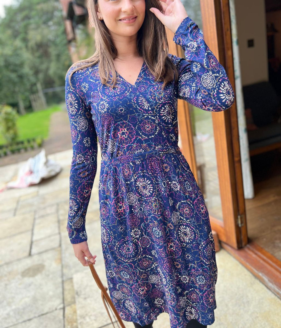 Mistral Navy Flower Design Faux Wrap Dress