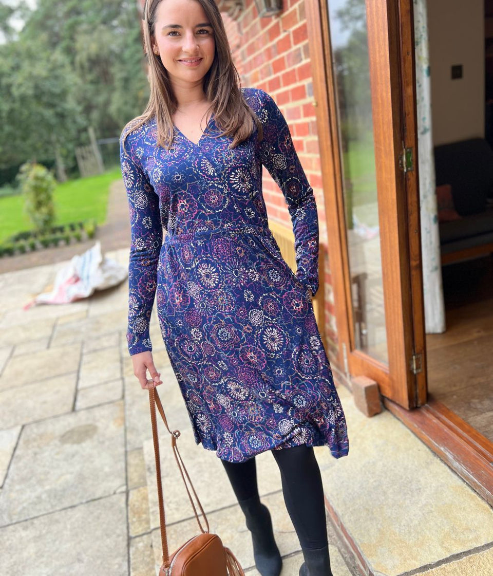 Mistral Navy Flower Design Faux Wrap Dress