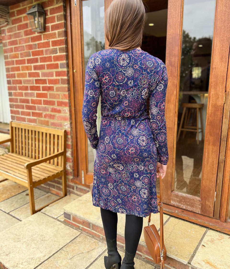 Mistral Navy Flower Design Faux Wrap Dress