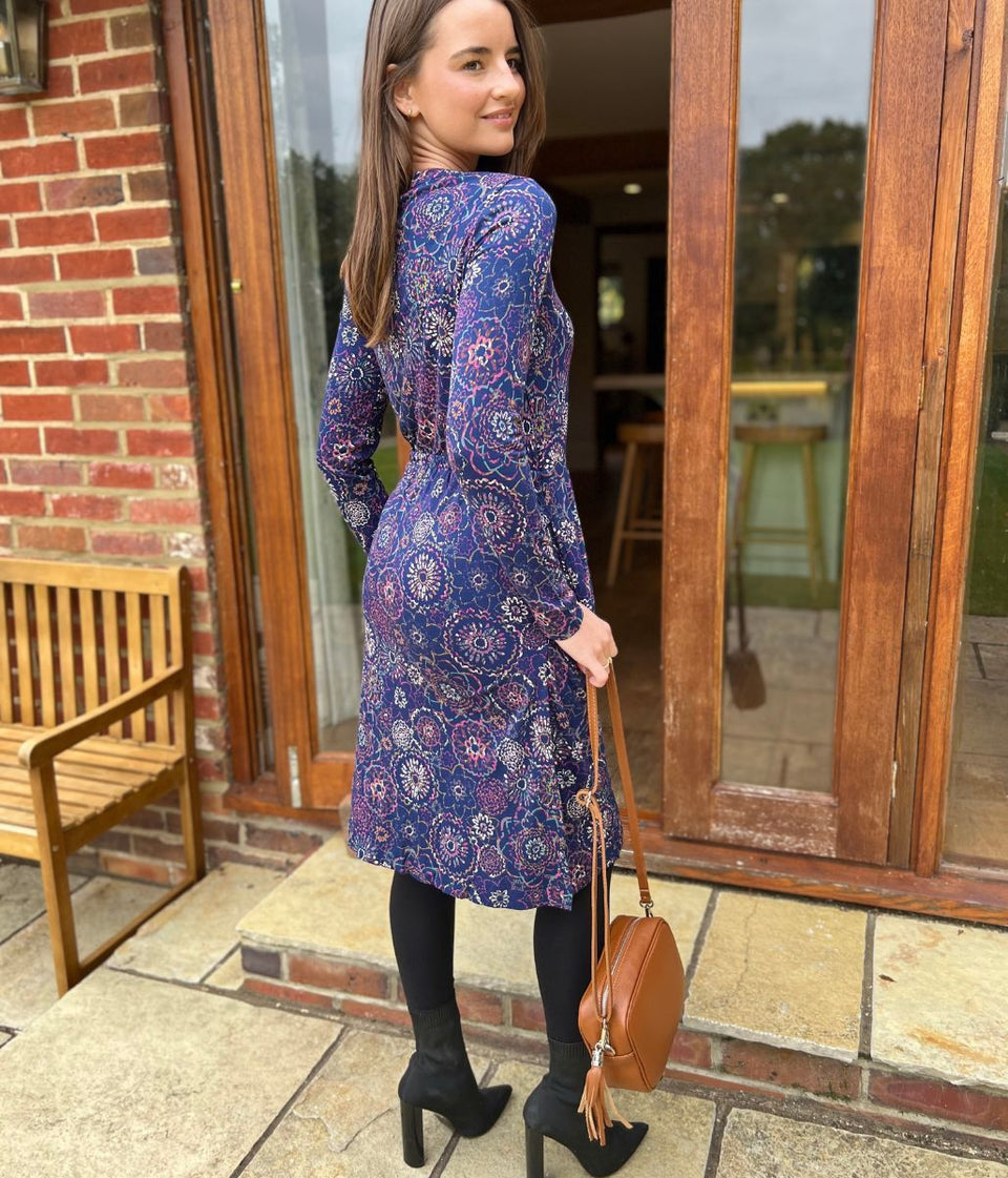 Mistral Navy Flower Design Faux Wrap Dress