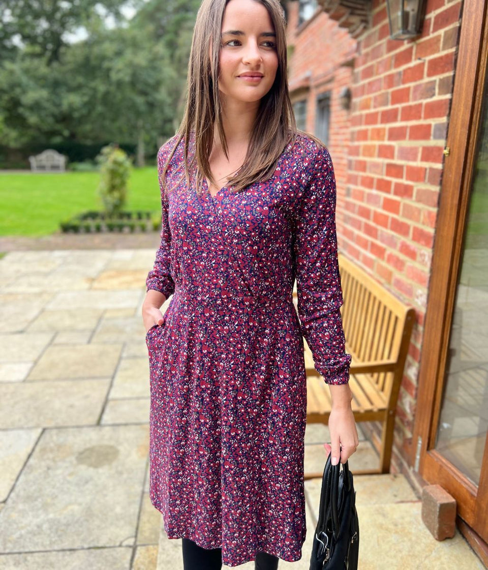 Mistral Red Flower Print Faux Wrap Dress