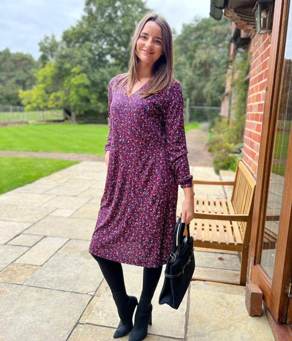 Mistral Red Flower Print Faux Wrap Dress