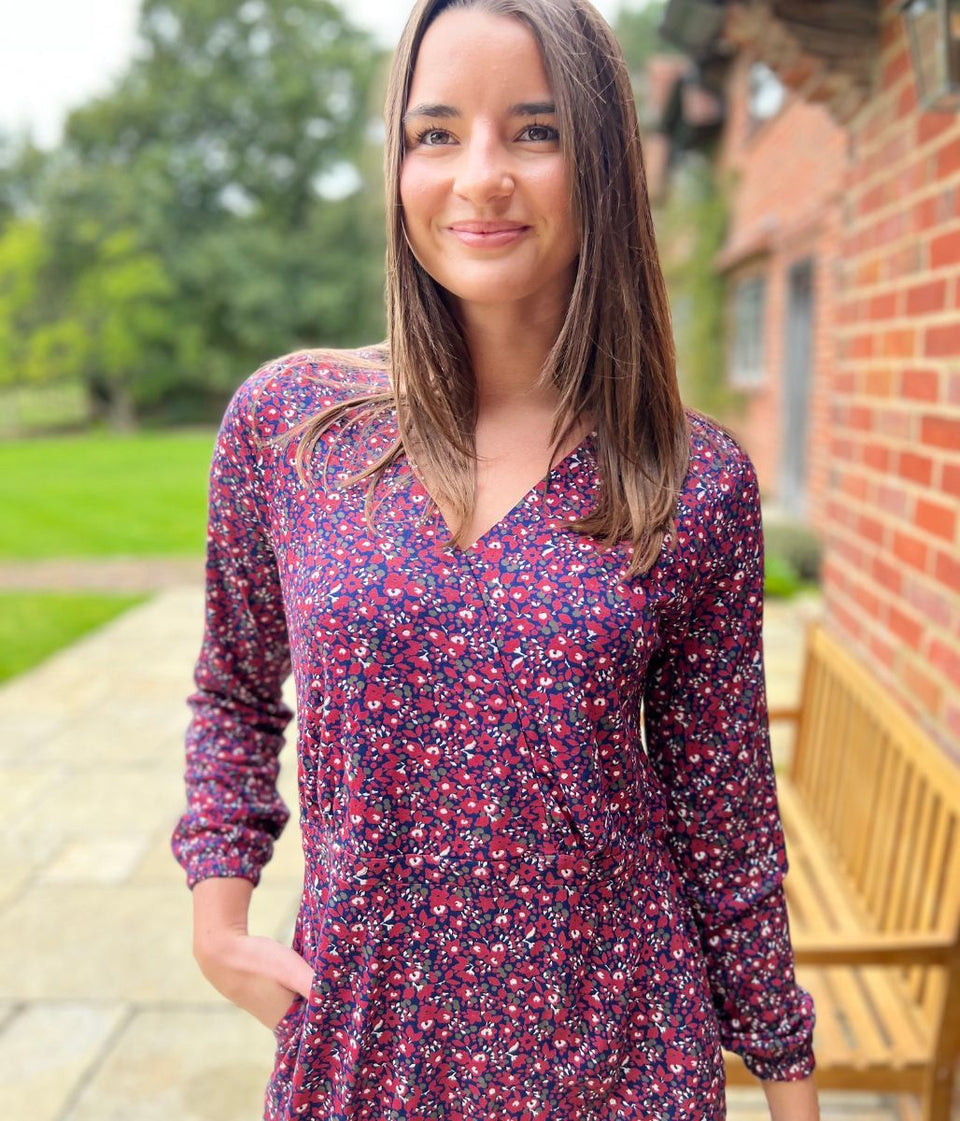 Mistral Red Flower Print Faux Wrap Dress