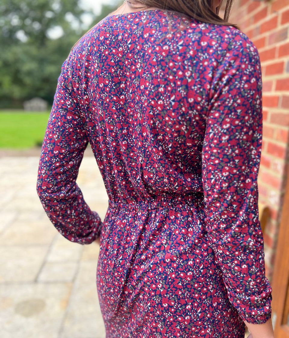 Mistral Red Flower Print Faux Wrap Dress