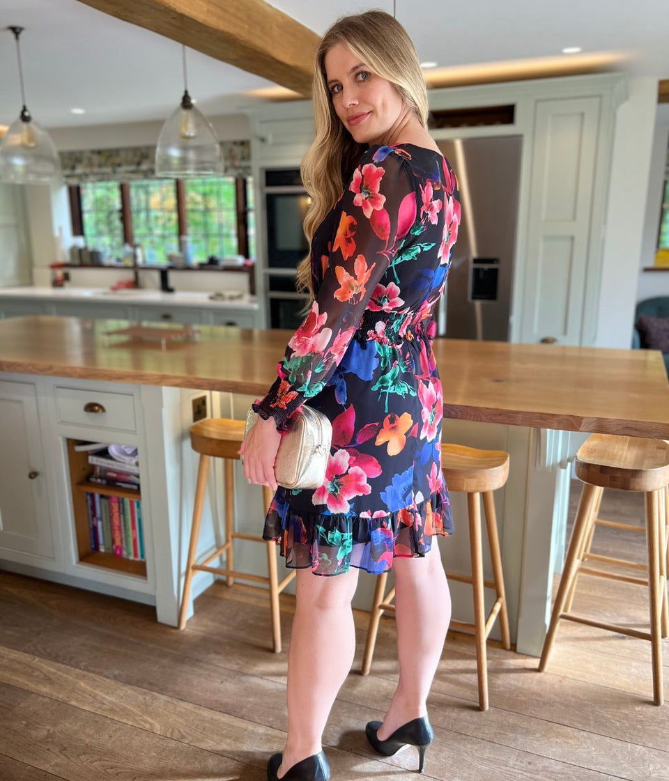 Black Floral Chiffon Layered Dress