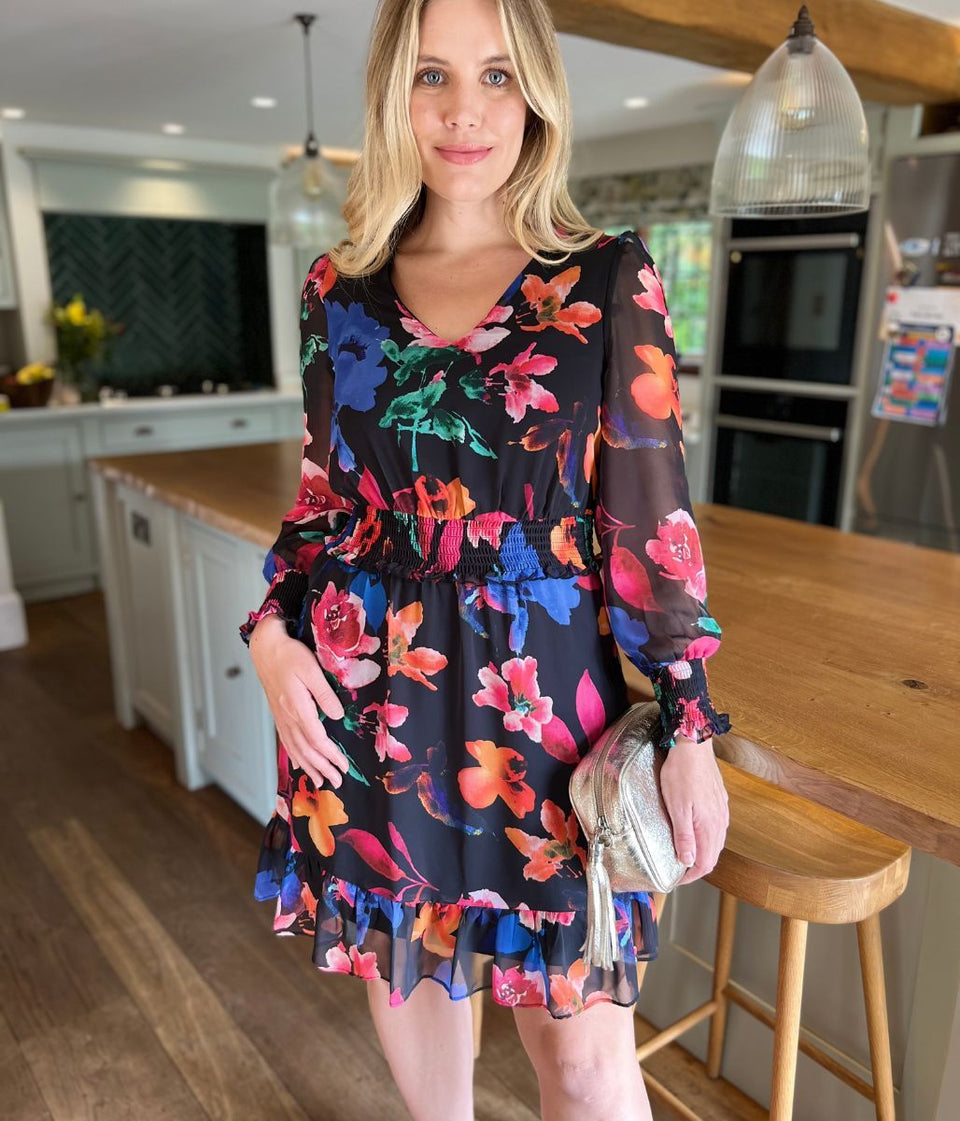 Black Floral Chiffon Layered Dress