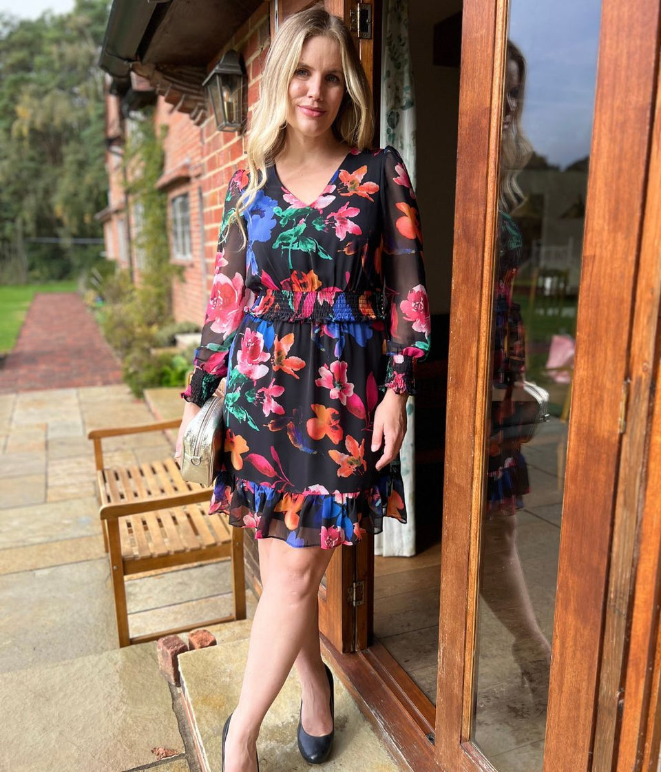 Black Floral Chiffon Layered Dress