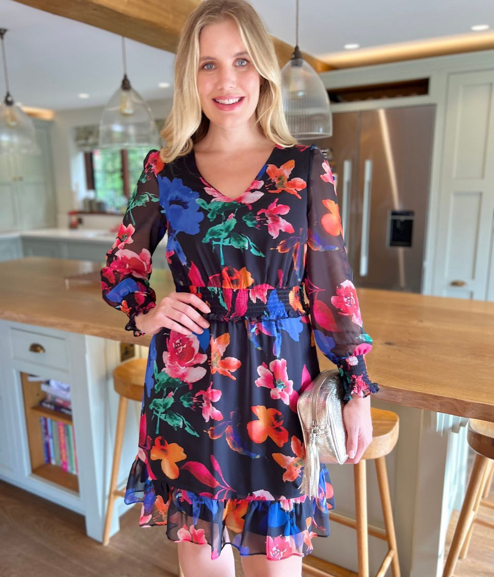 Black Floral Chiffon Layered Dress