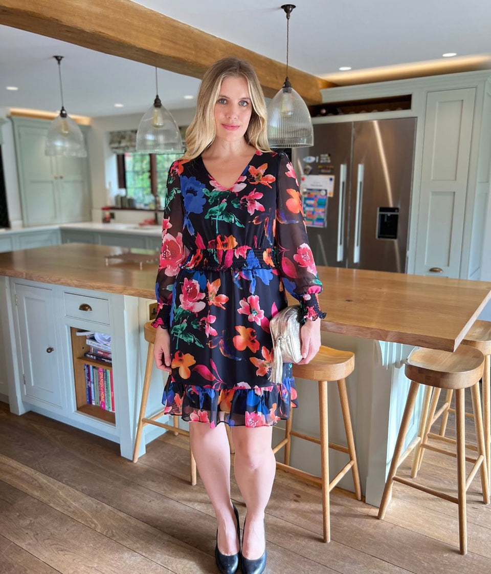 Black Floral Chiffon Layered Dress