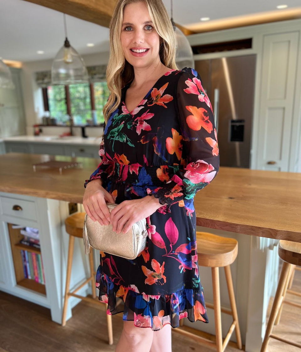 Black Floral Chiffon Layered Dress