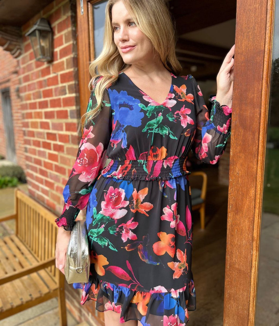 Black Floral Chiffon Layered Dress