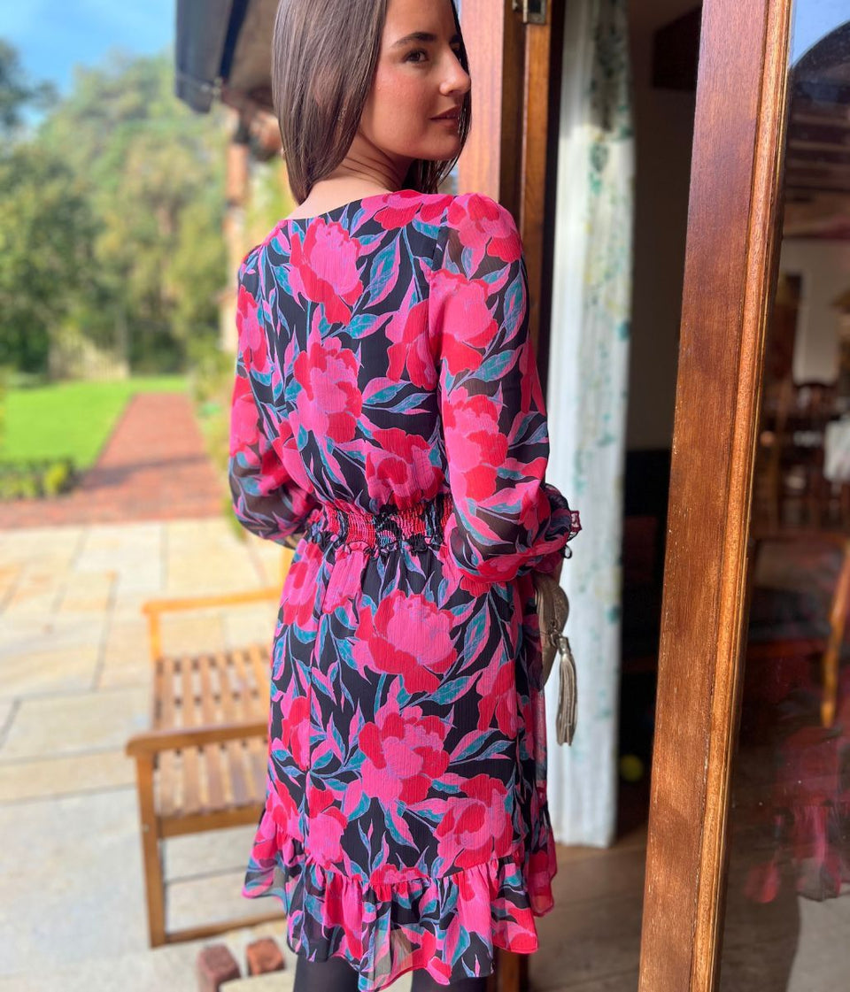 Pink Floral Chiffon Layered Dress
