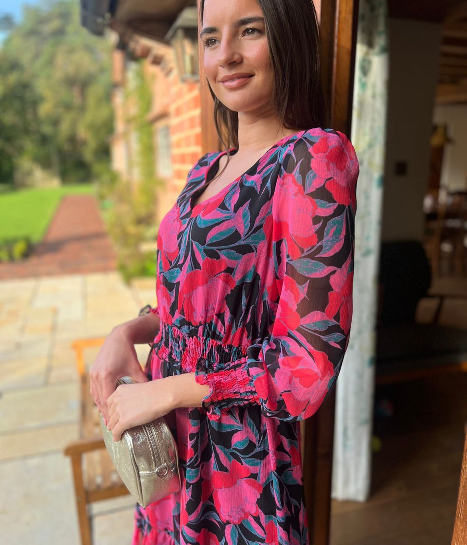 Pink Floral Chiffon Layered Dress