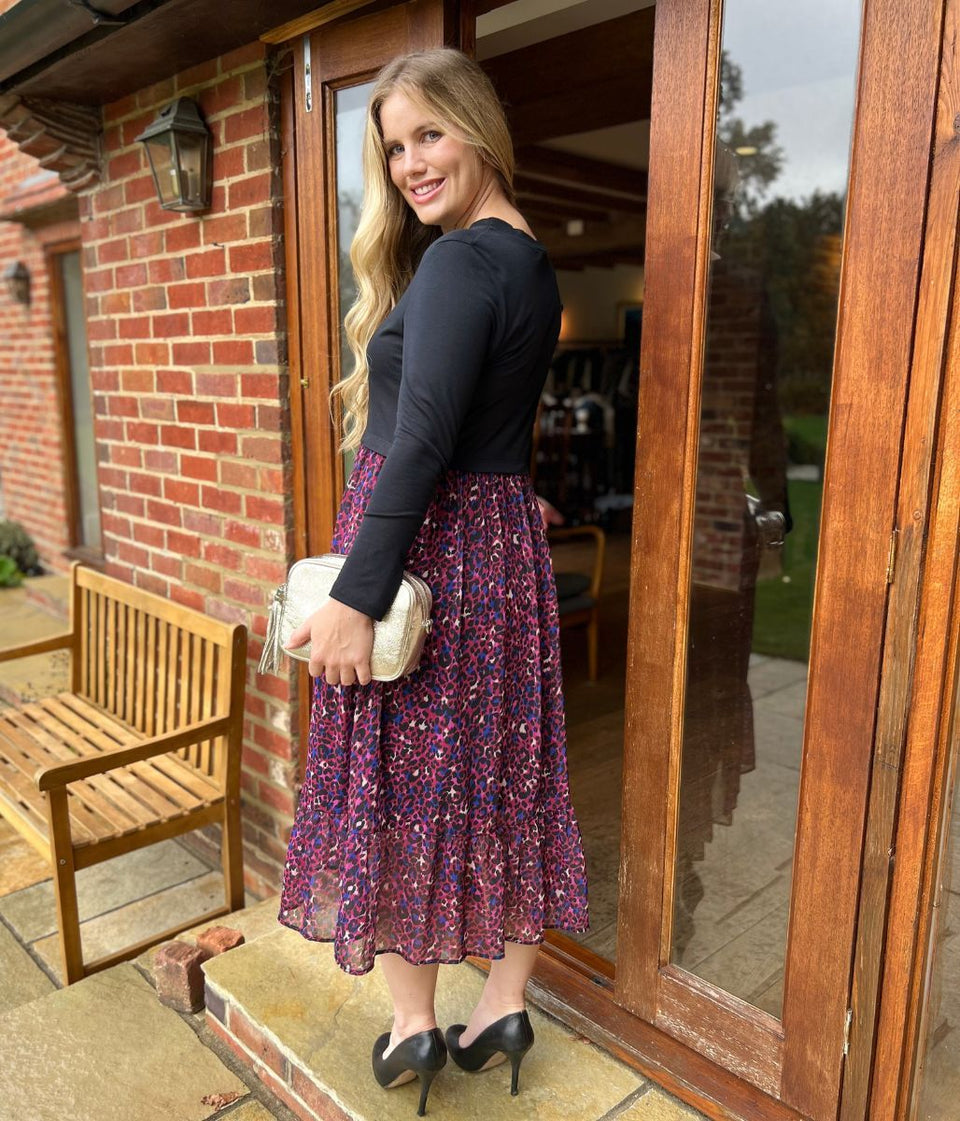 Purple Animal Print Contrast Tiered Midi Dress