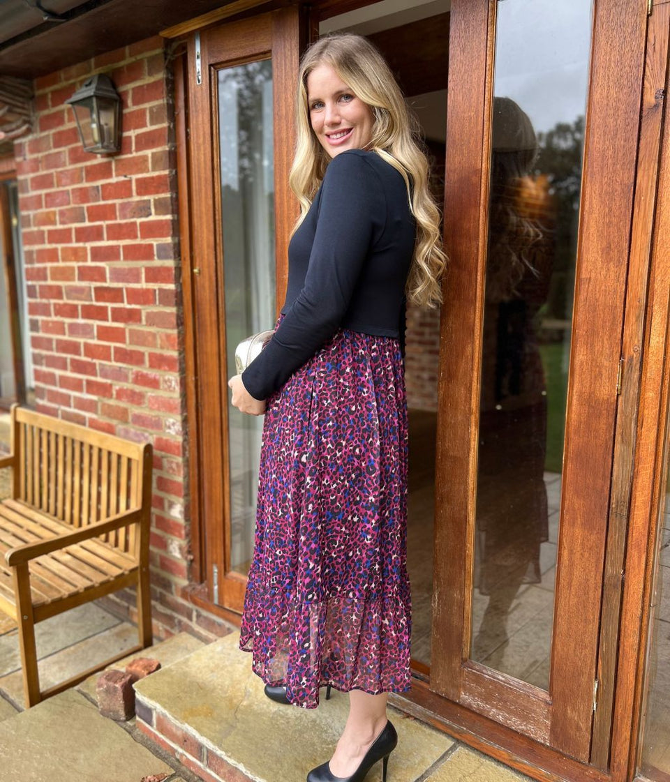 Purple Animal Print Contrast Tiered Midi Dress