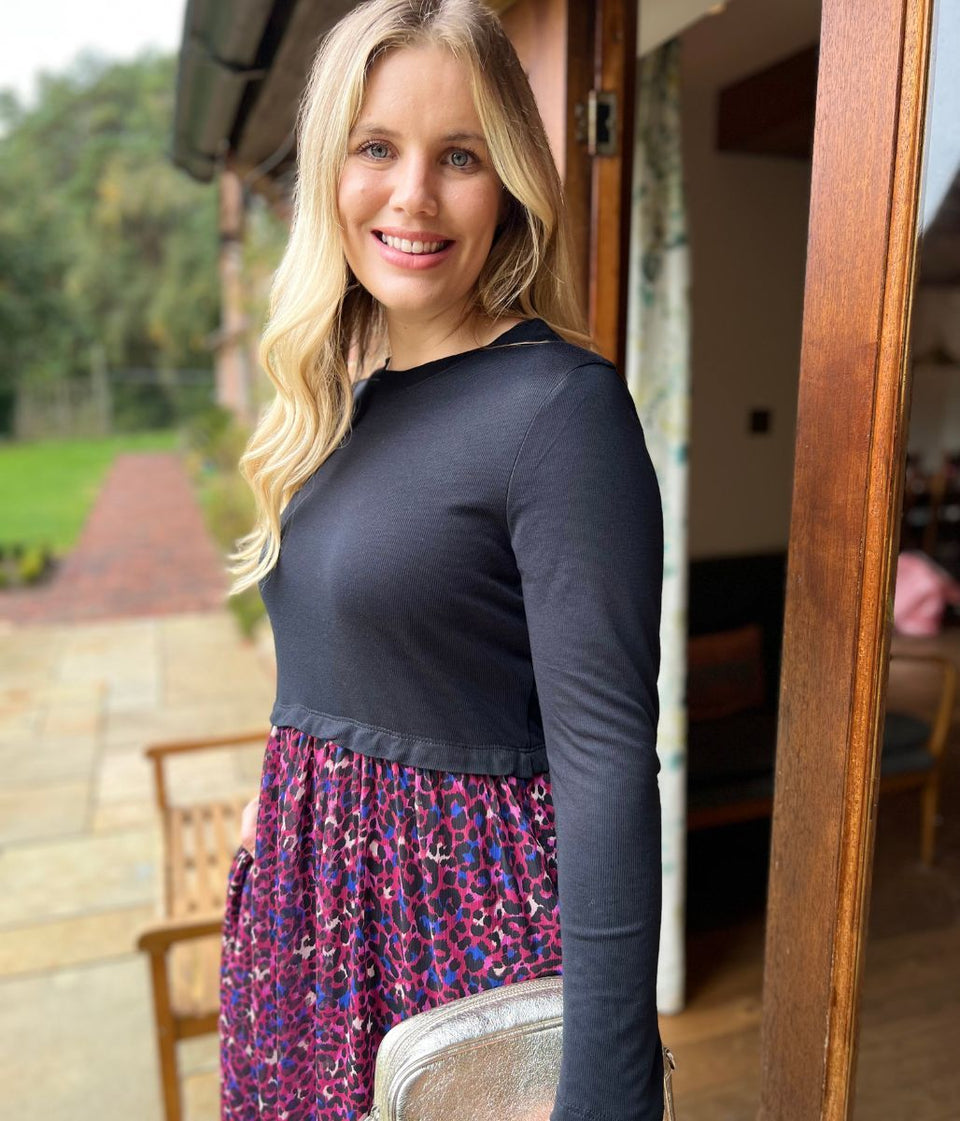 Purple Animal Print Contrast Tiered Midi Dress
