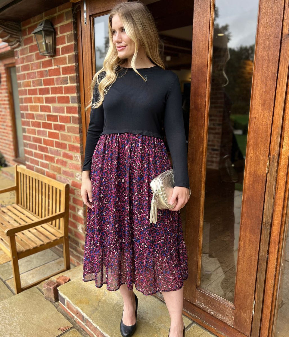 Purple Animal Print Contrast Tiered Midi Dress