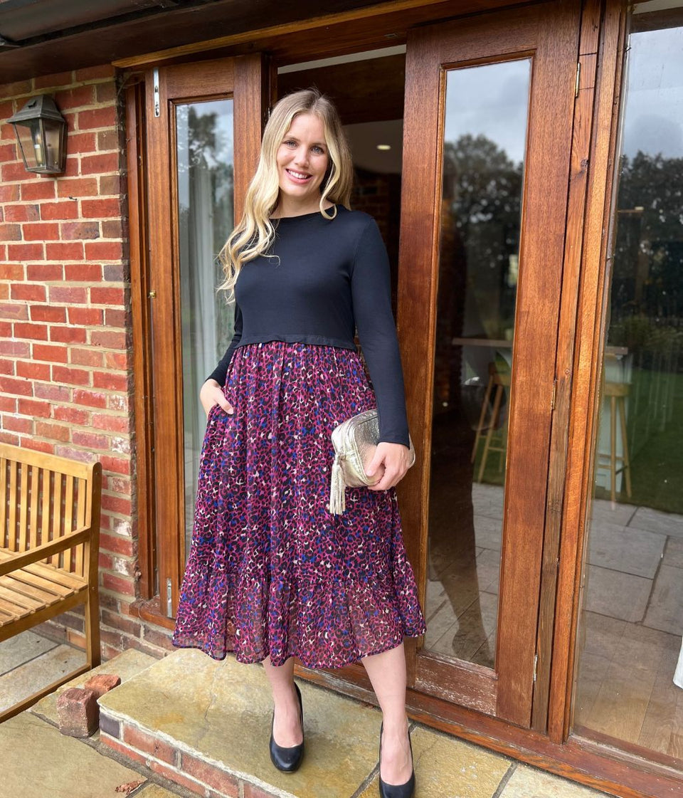 Purple Animal Print Contrast Tiered Midi Dress