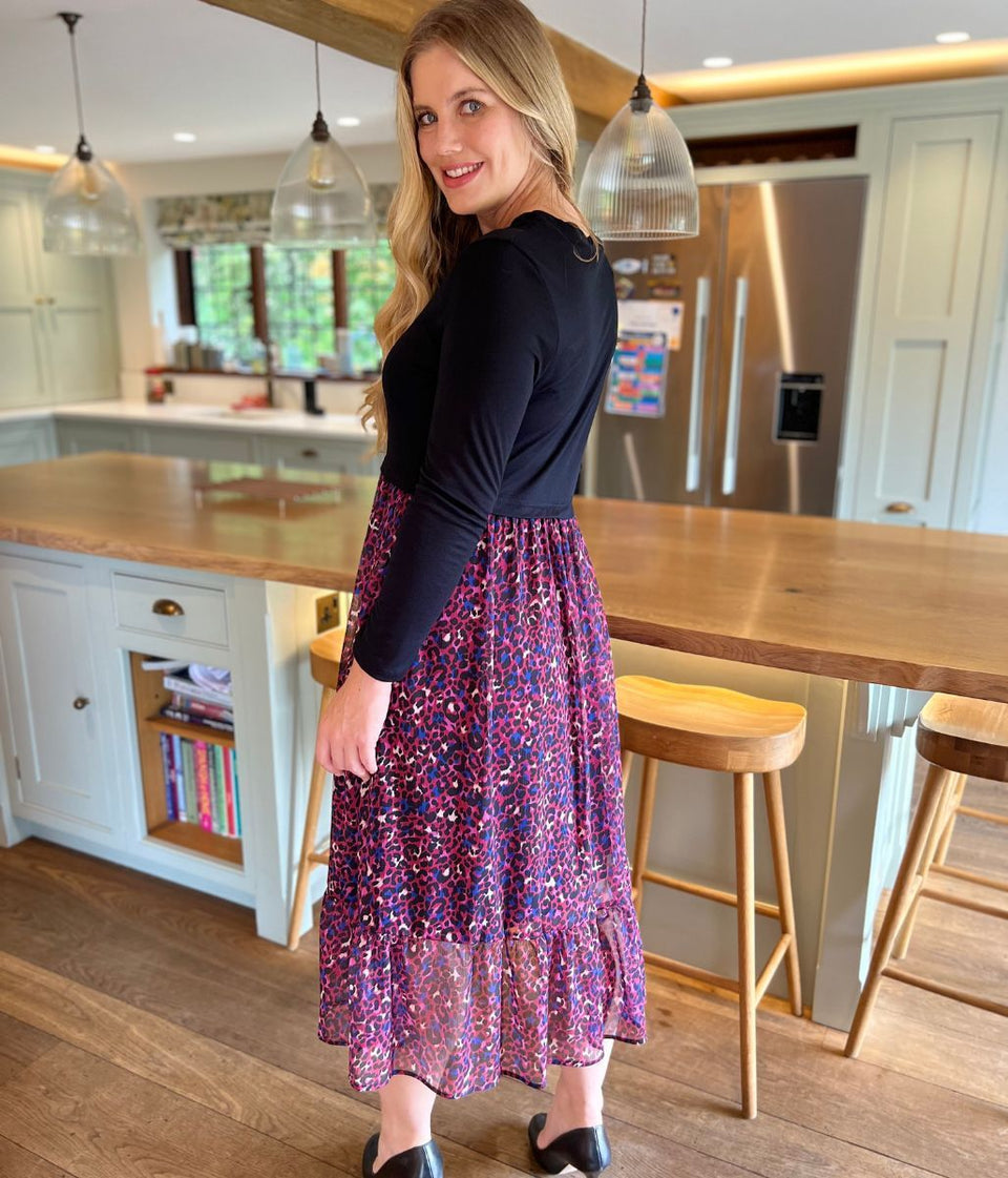 Purple Animal Print Contrast Tiered Midi Dress