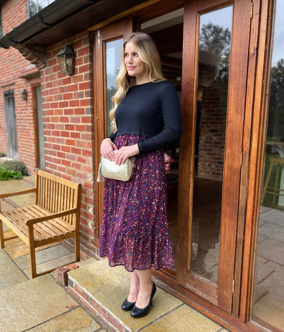 Purple Animal Print Contrast Tiered Midi Dress