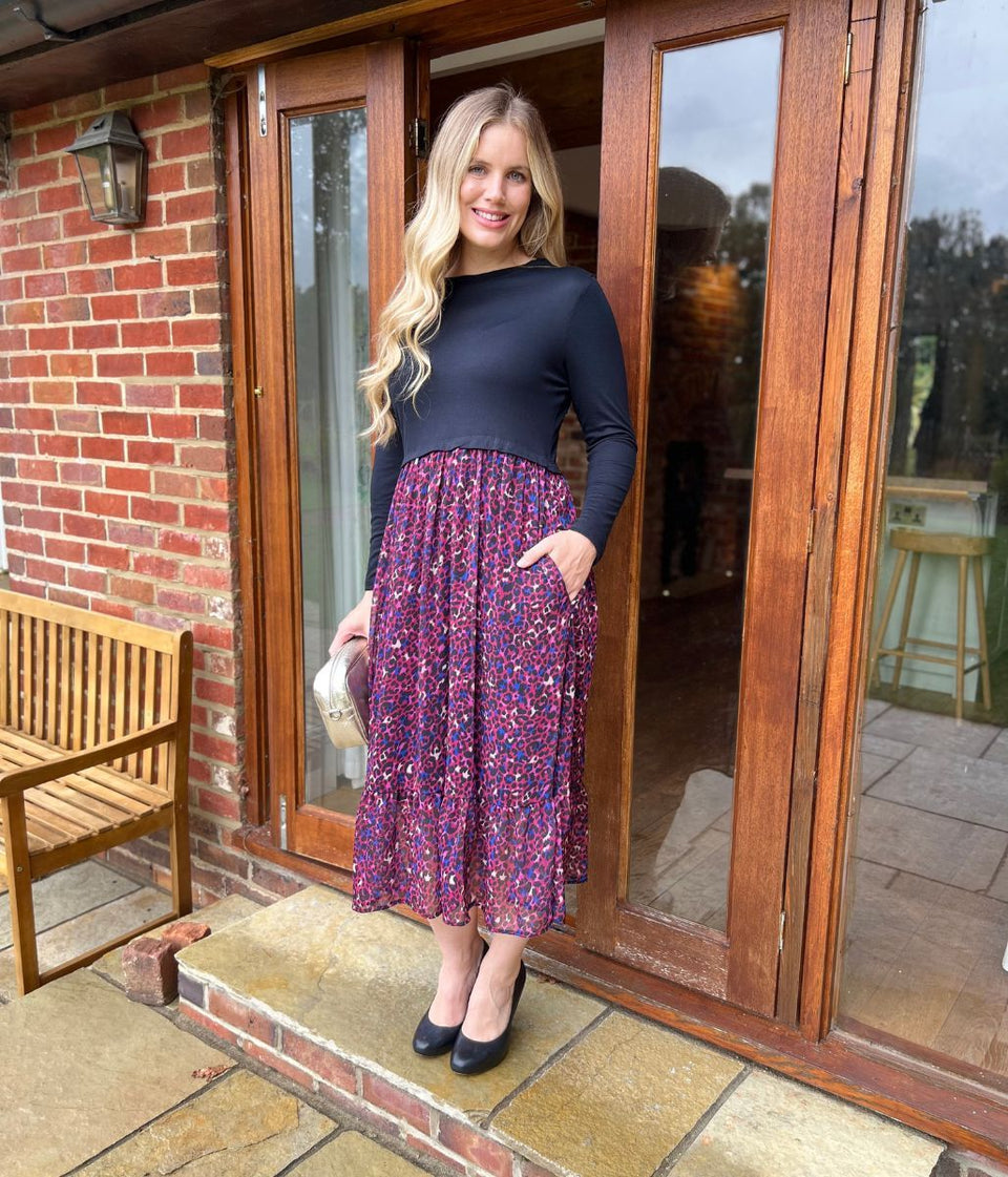 Purple Animal Print Contrast Tiered Midi Dress