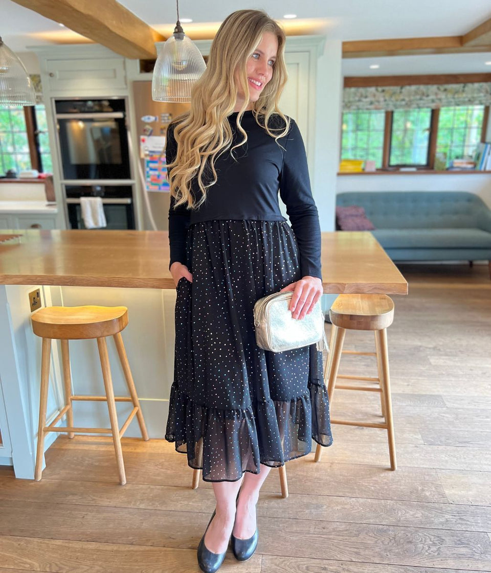 Black Sparkle Contrast Tiered Midi Dress