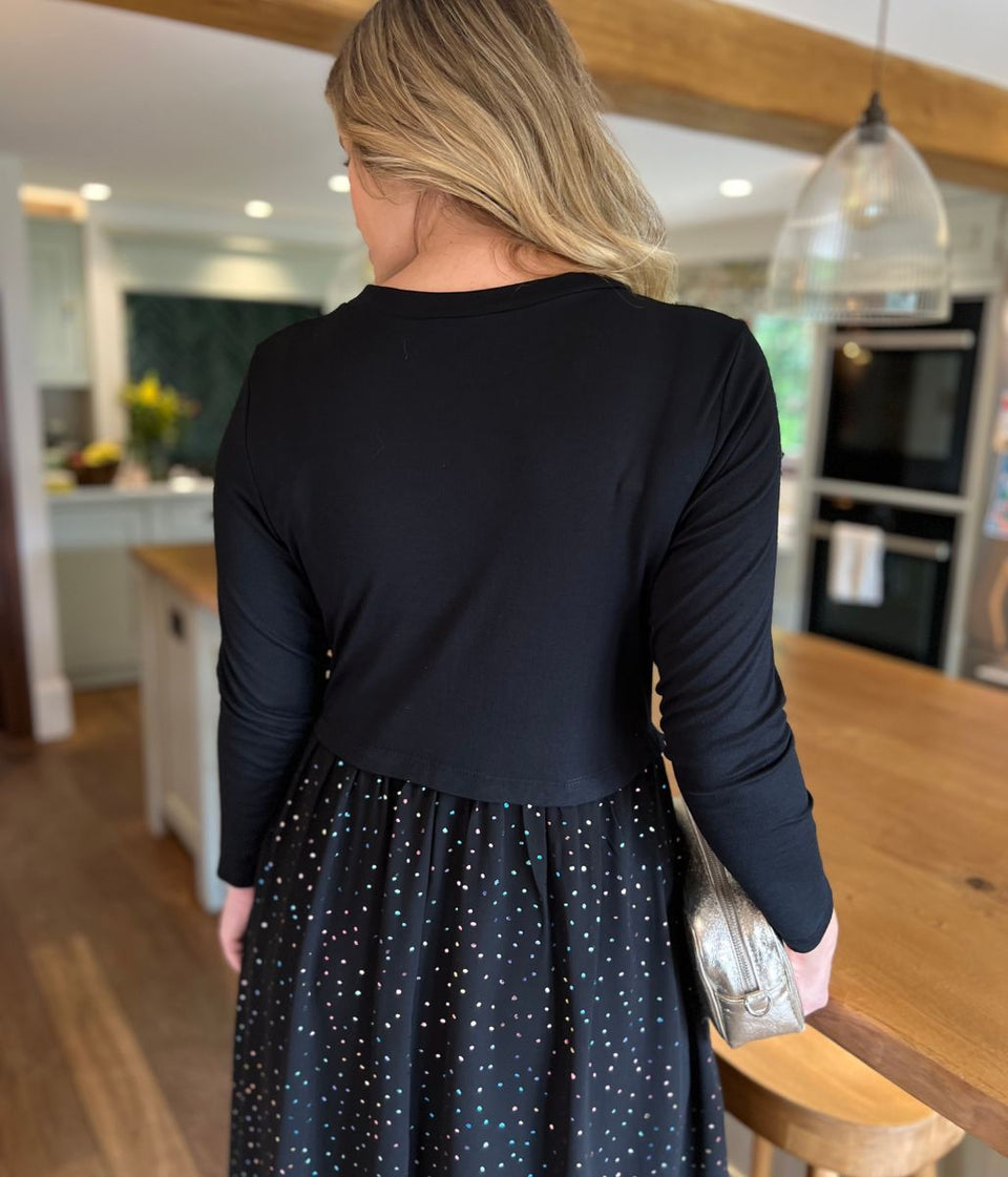 Black Sparkle Contrast Tiered Midi Dress