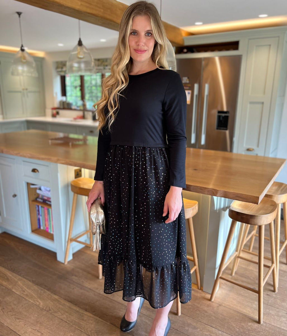 Black Sparkle Contrast Tiered Midi Dress