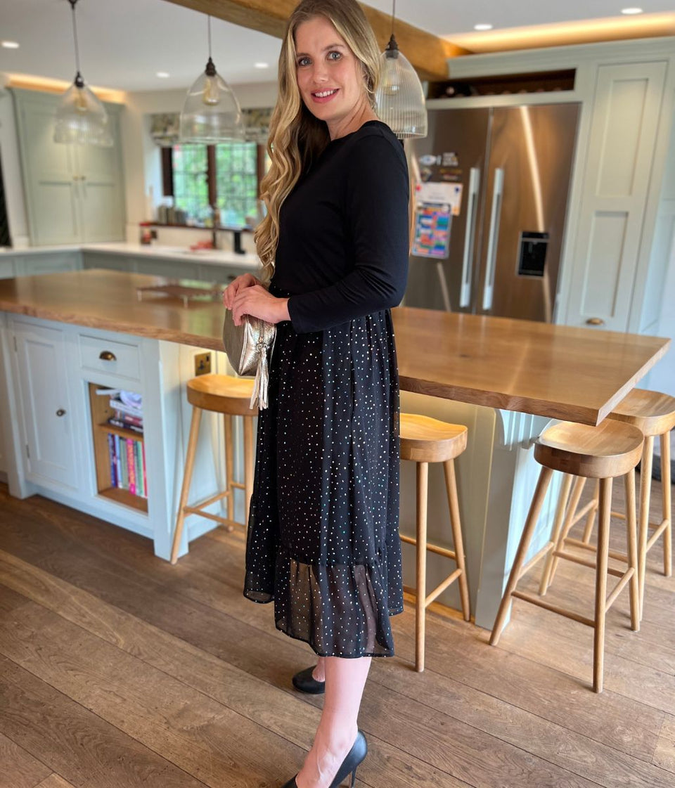 Black Sparkle Contrast Tiered Midi Dress