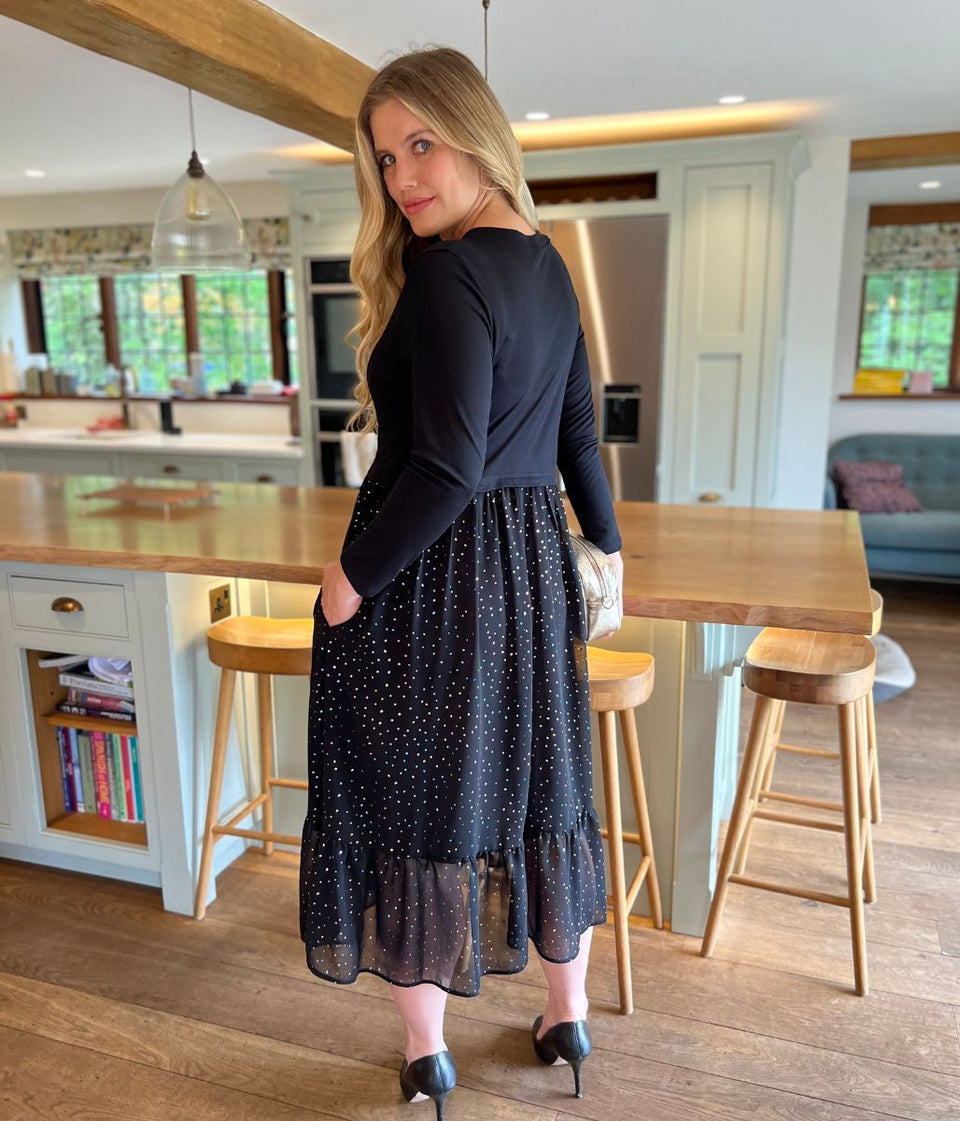 Black Sparkle Contrast Tiered Midi Dress