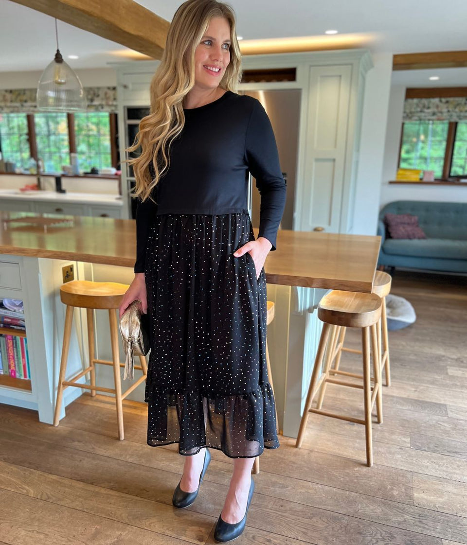 Black Sparkle Contrast Tiered Midi Dress