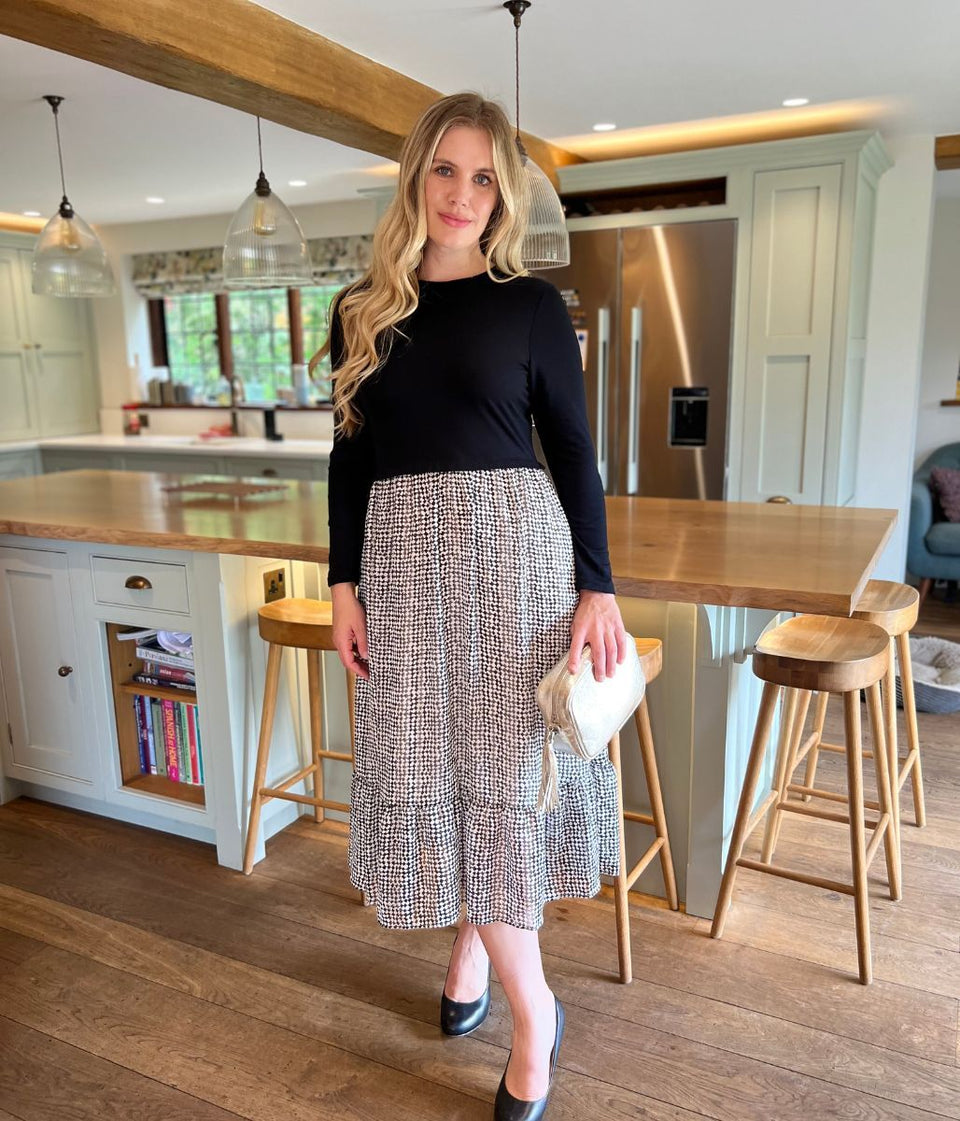 Monochrome Print Contrast Tiered Midi Dress