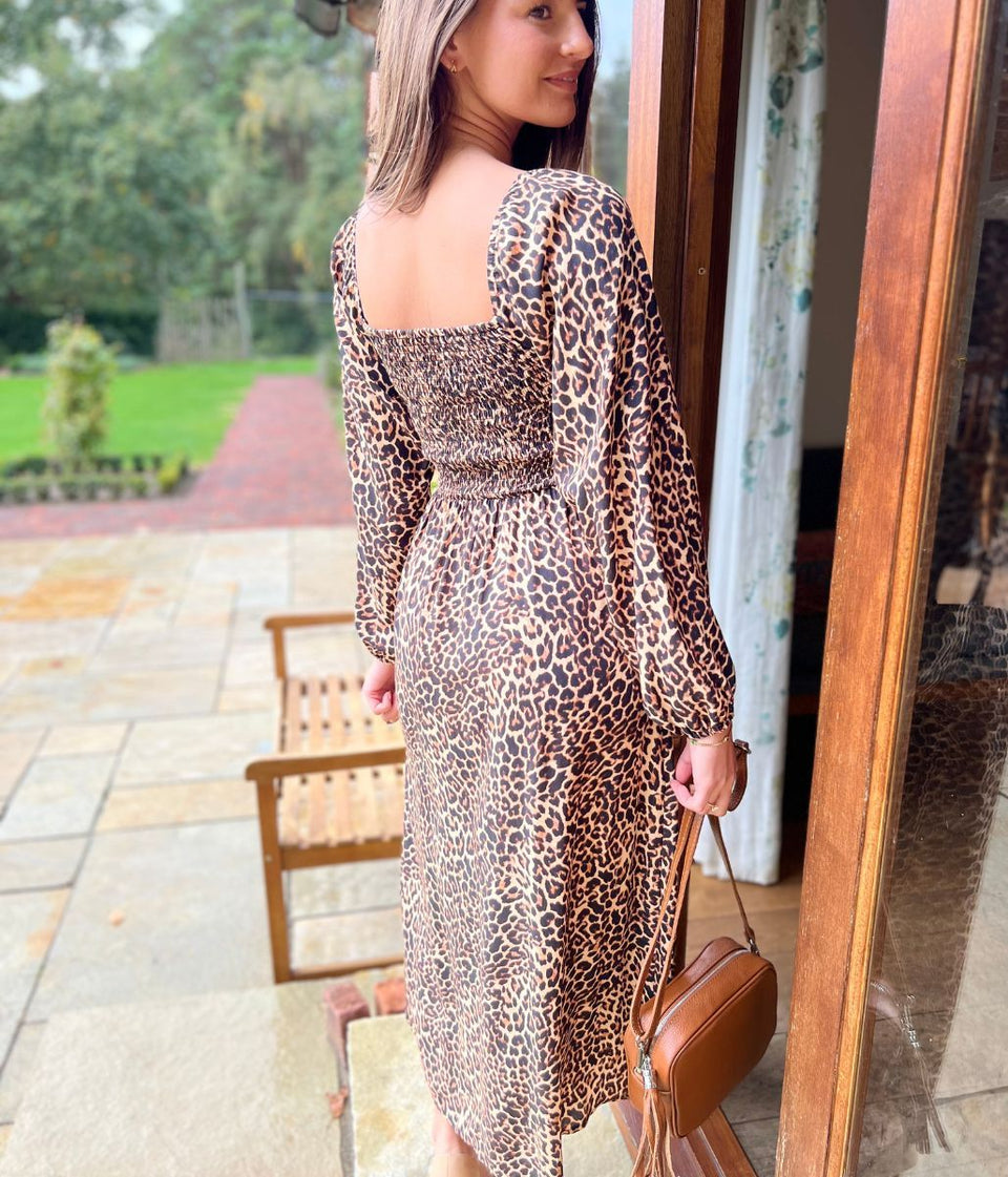 Leopard Print Shirred Midi Dress