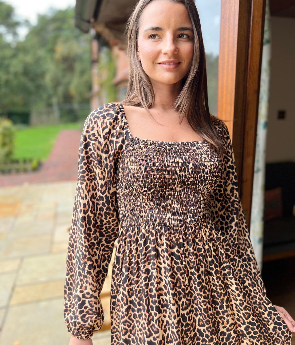 Leopard Print Shirred Midi Dress
