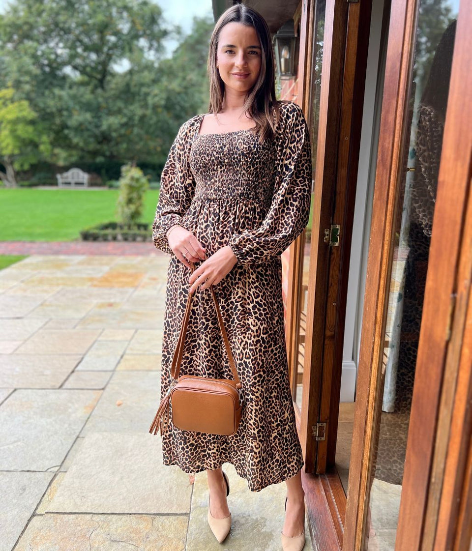 Leopard Print Shirred Midi Dress