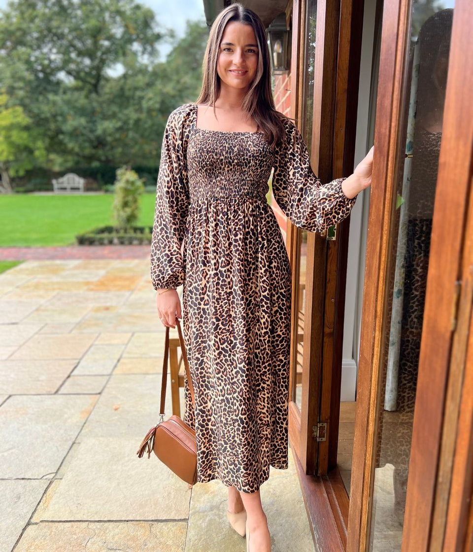 Leopard Print Shirred Midi Dress