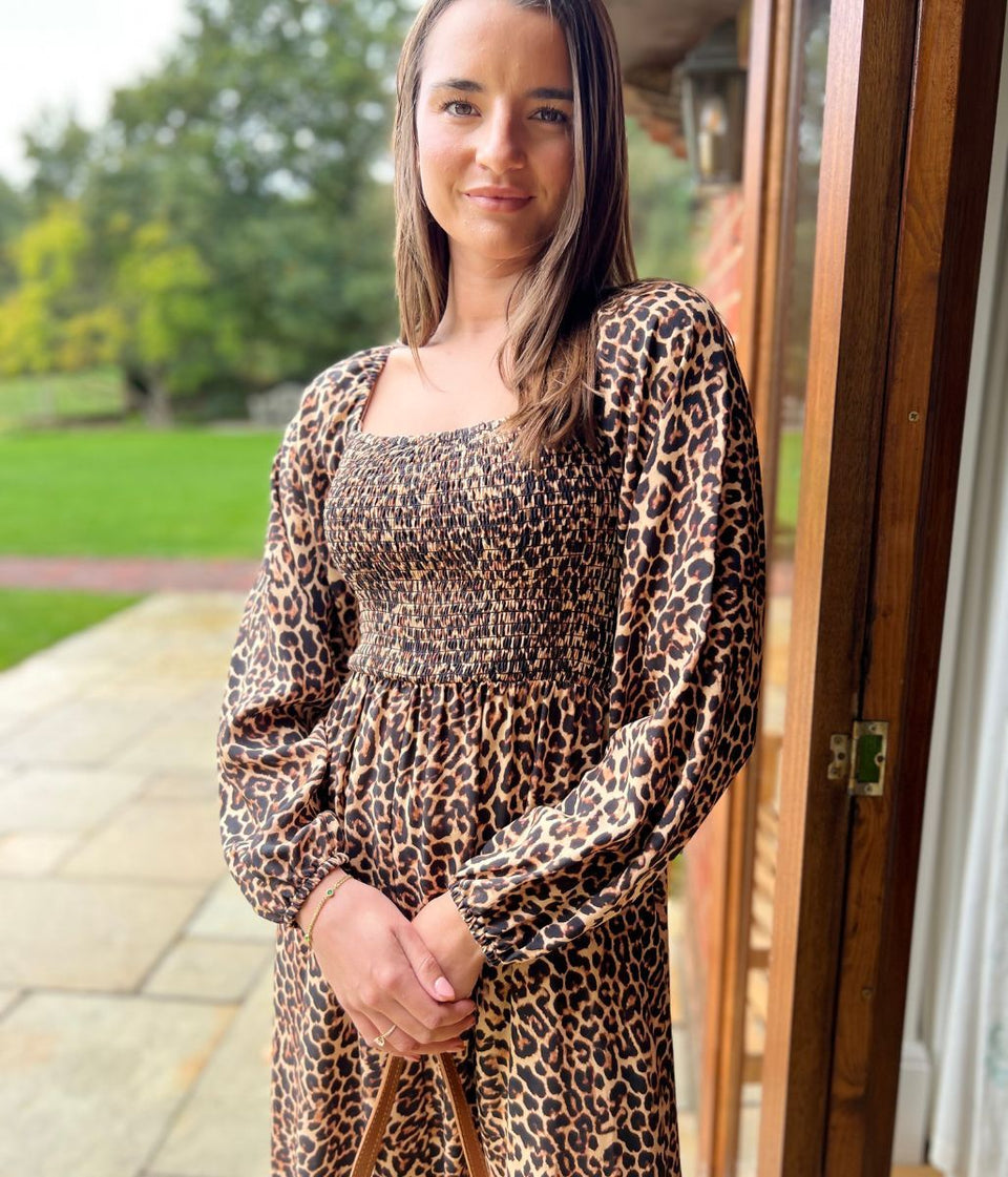 Leopard Print Shirred Midi Dress